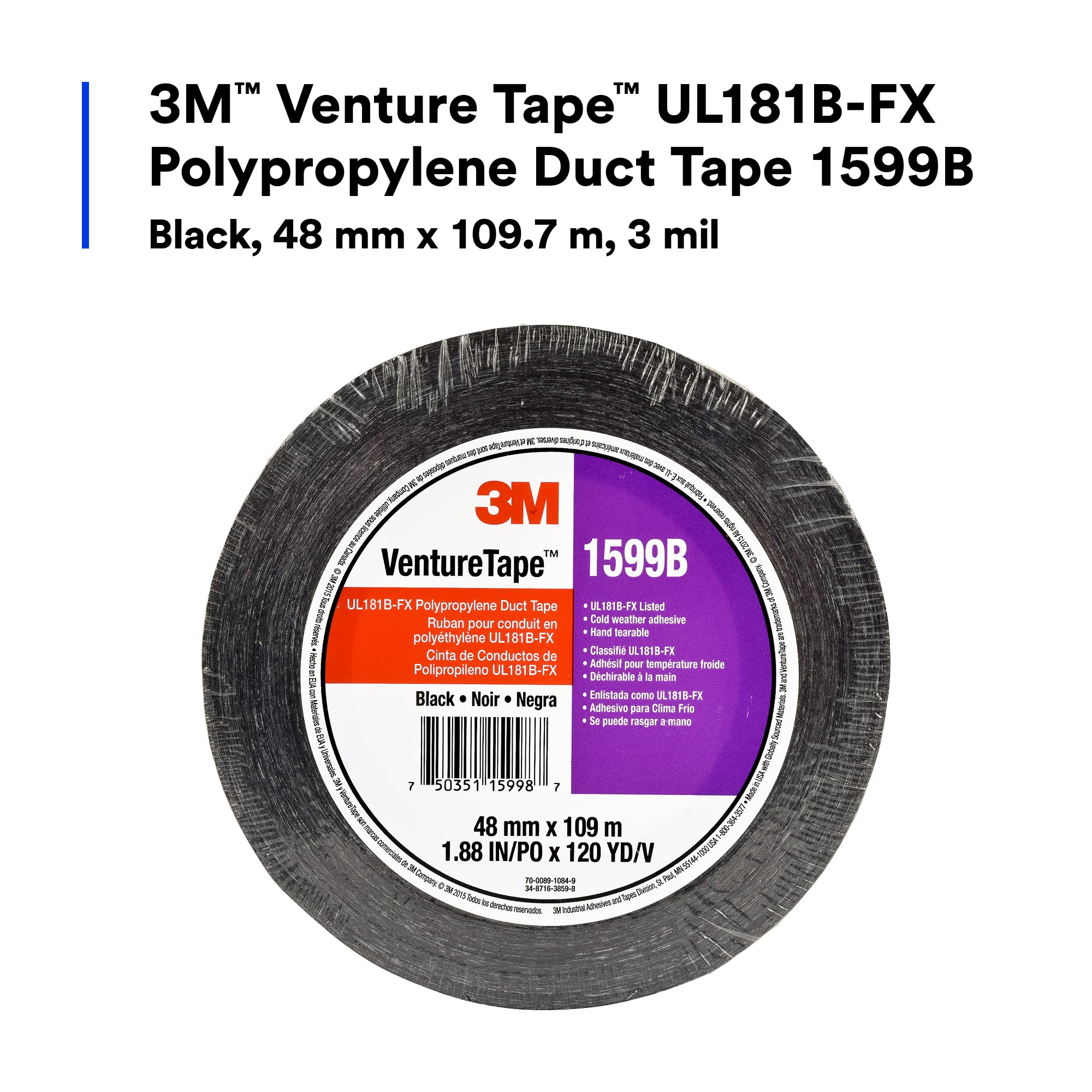 3M Venture Tape UL181B-FX Polypropylene Duct Tape 1599B, Black, 48
